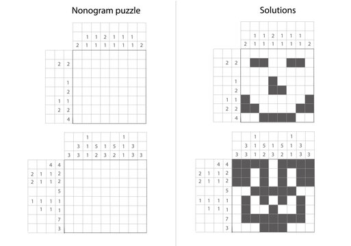 Nonogram puzzle with solution shown. Picross grid game logic challenge brain training. Beginner Easy Level Kids white background vector