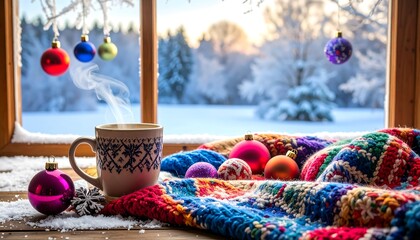 Cozy Winter Scene with Warm Mug and Ornaments