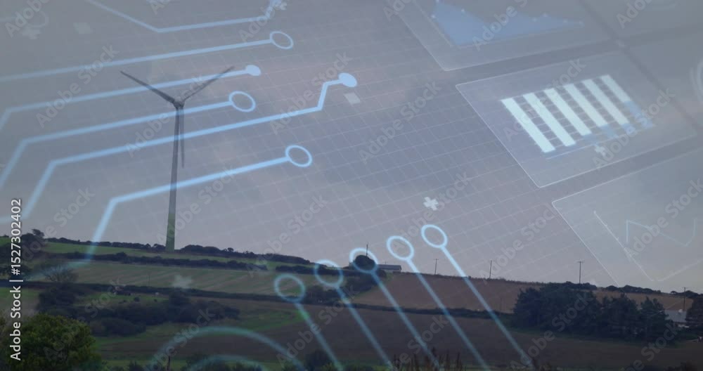 Poster circuit overlay sliding left and blades rotating while panels showing wind monitoring