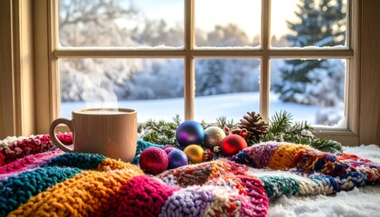 Cozy Winter Window Scene with Warm Drink and Ornaments
