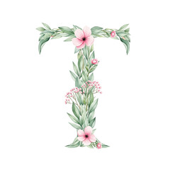 Floral alphabet T with watercolour flowers and leaf on a transparent PNG Background. Monogram initials perfect for wedding invitations, greeting card, logo, poster and other design