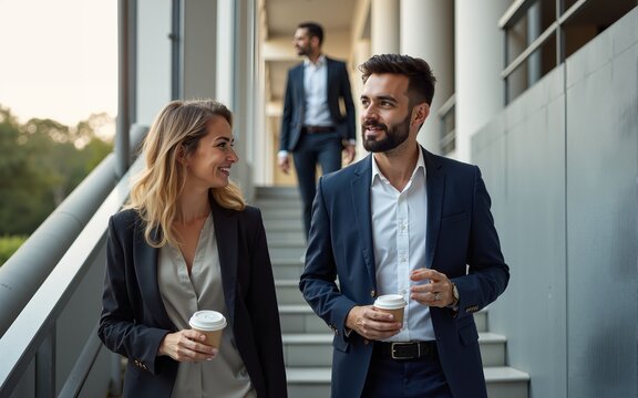 Business people walking and talking on stairs during coffee break. High quality