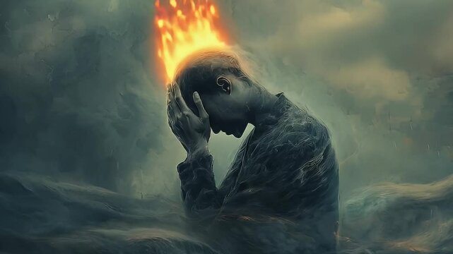 Burning Head Figurine Amidst Dark Clouds