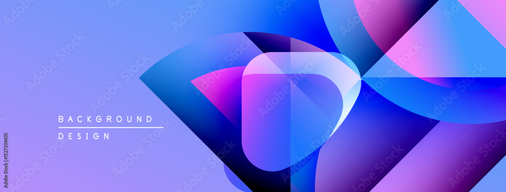 Poster abstract geometric shapes overlap, creating vibrant blue, purple gradients. modern design elements s