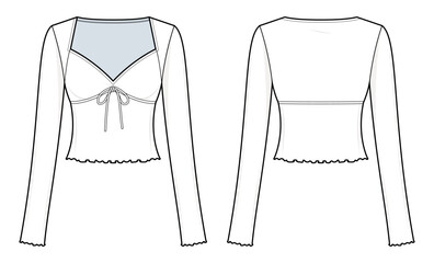 Sweetheart Neck Lettuce Trim Knotted Drawstring Top Technical Fashion Illustration. Fitted Long Sleeve Women’s Top Vector Template. Adjustable Front Tie. Front and Back View. CAD Mockup Set.
