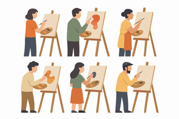 Vector Set Artists painting canvas, creative hobby group activity