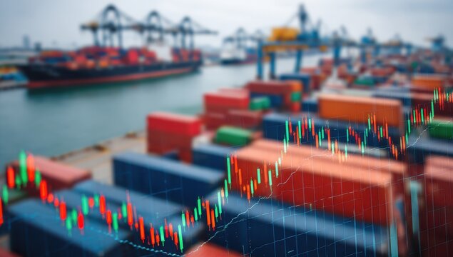Container ships and stock market charts overlay