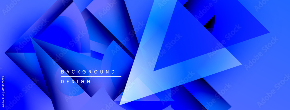 Poster Abstract blue design features overlapping geometric shapes. Gradient colors create depth, modern aesthetic. Background includes text elements.