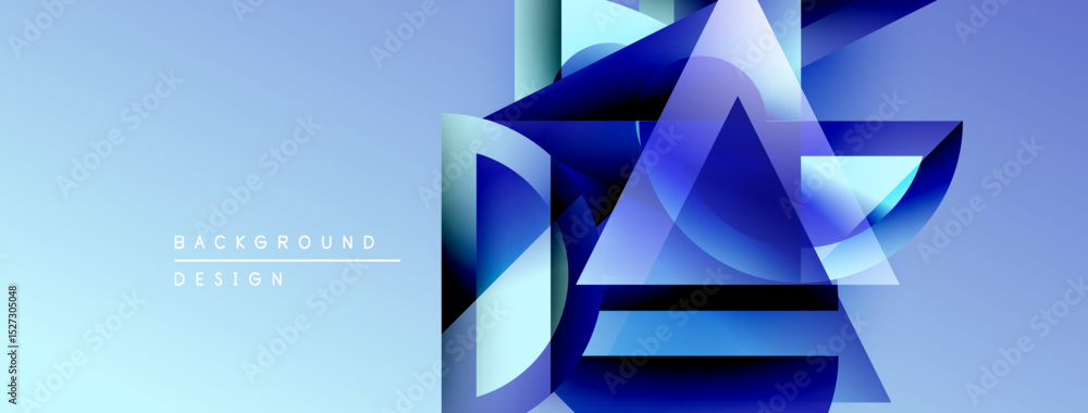 Poster Abstract geometric shapes overlap, creating dynamic blue gradient effect. Background features text background design. Modern, clean aesthetic.