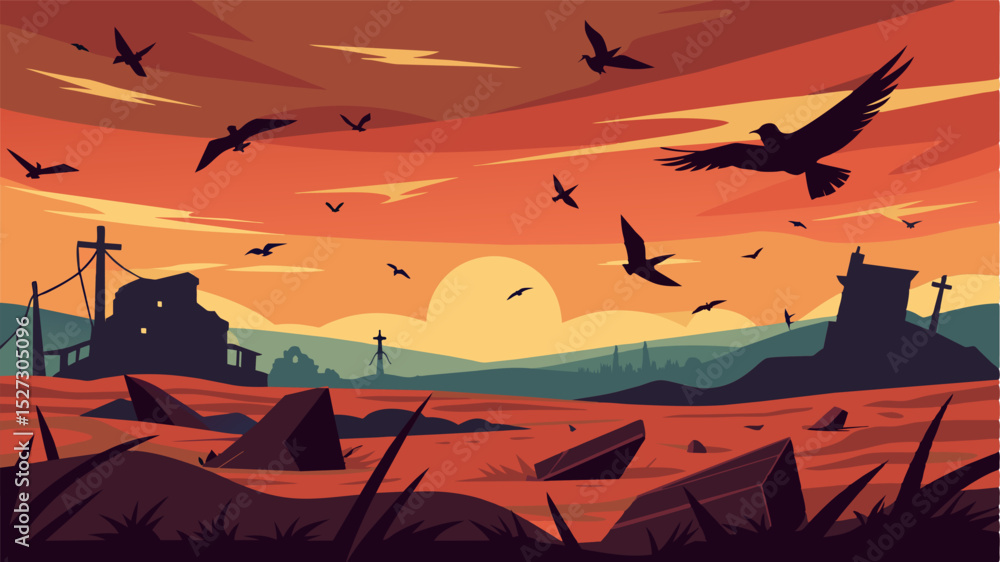 Poster a flock of birds circle above the abandoned fields their cries echoing through the silent and desola