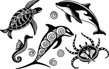 Fototapeta premium Black and White Sea Creatures with Tribal Designs Vector Illustration