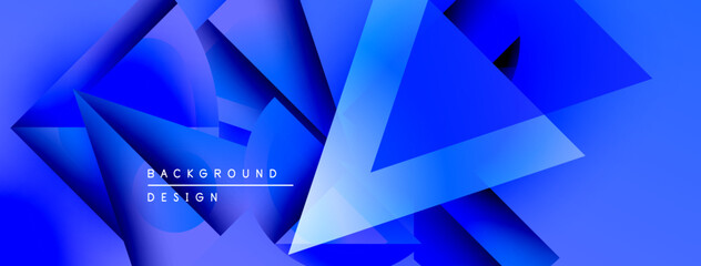 Abstract blue design features overlapping geometric shapes. Gradient colors create depth, modern aesthetic. Background includes text elements.