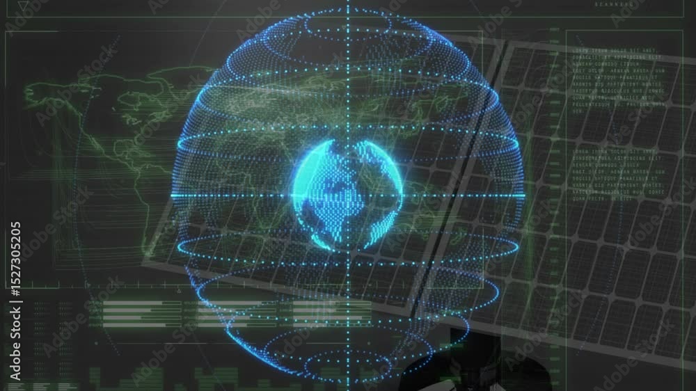 Poster after interface launch holographic globe rotating rings and scanning line showing data update cycle