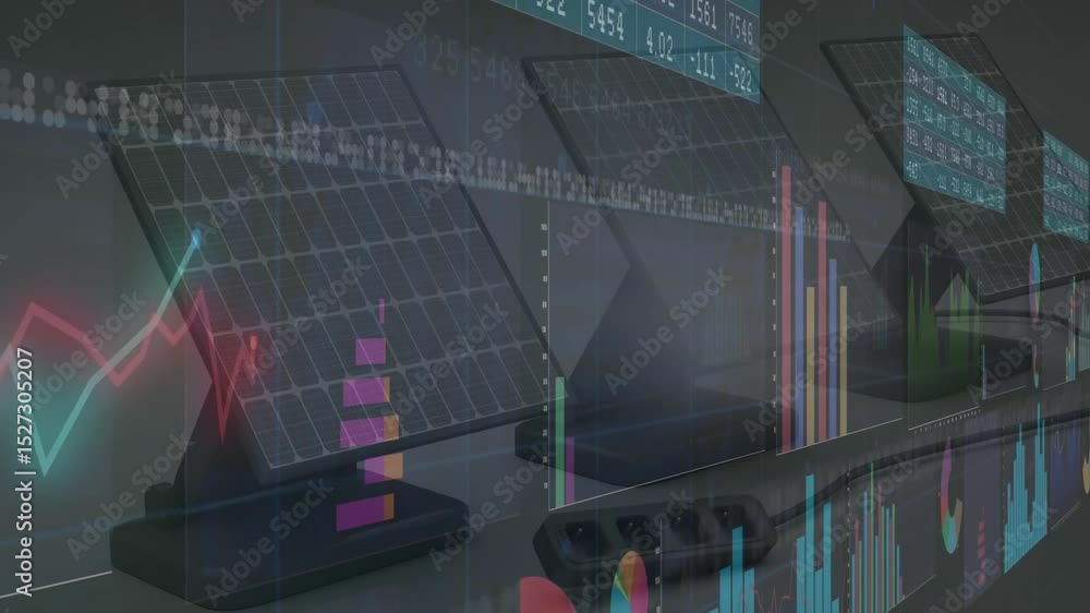 Poster data dashboard monitors cycling through flat design charts after ticker scroll for showing trends