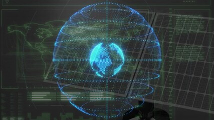 After interface launch holographic globe rotating rings and scanning line showing data update cycle - Powered by Adobe