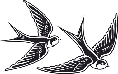 Fototapeta premium Two Black and White Swallow Birds Flying in Opposite Directions Illustration