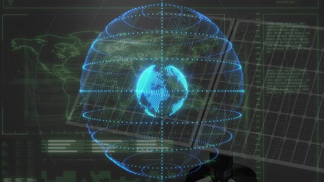 After interface launch holographic globe rotating rings and scanning line showing data update cycle