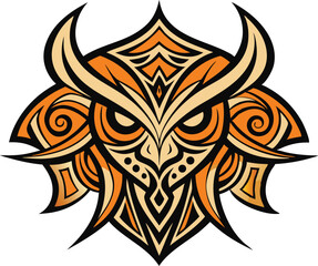Fototapeta premium Stylized Owl Illustration with Tribal Design Elements in Orange and Beige