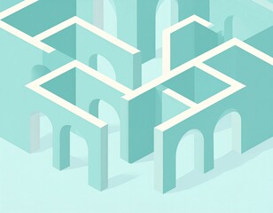 Obraz premium Isometric room maze with pastel arches and pillars