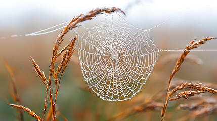 Close-up of a spider web covered in morning dew on dry grass in nature
