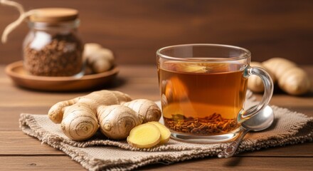 Fototapeta premium Ginger Tea in Glass Cup with Fresh Ingredients