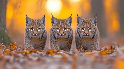 Three bobcats in autumn forest