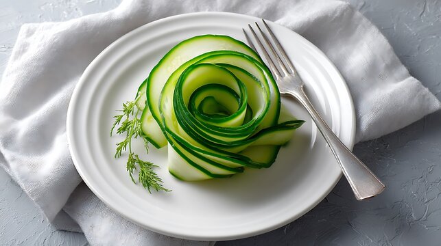 Spiralized Zucchini on a White Plate with Dill Garnish