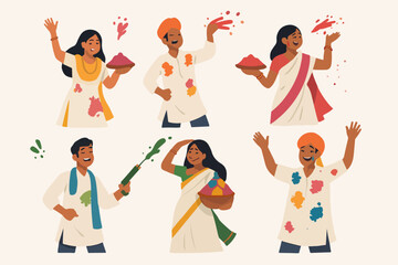 Vector Set Holi celebration people powder colors traditional