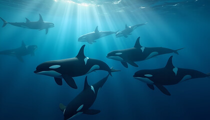 Fototapeta premium Pod of orcas swimming gracefully in deep ocean