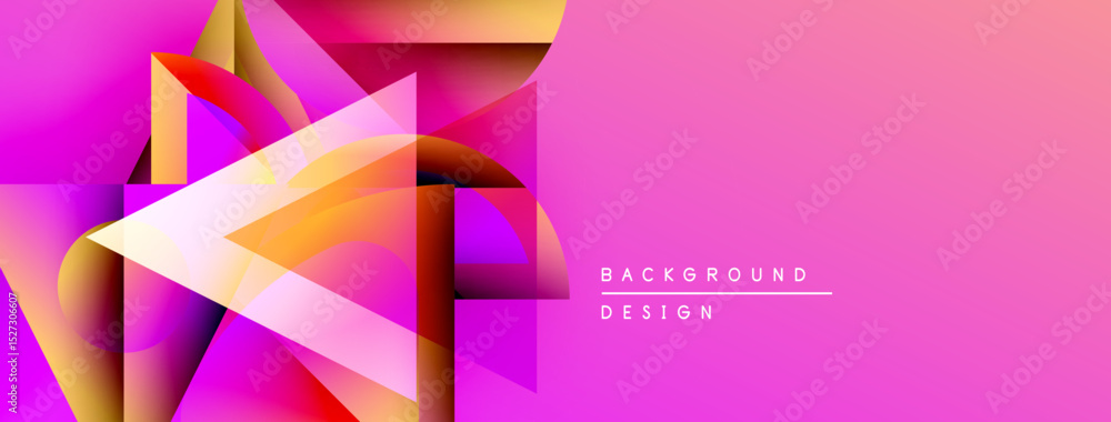 Poster abstract geometric shapes overlap, creating vibrant pink, orange gradients. right side features text