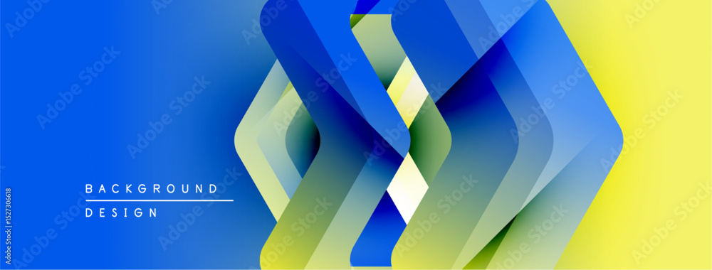 Poster abstract geometric design. blue, yellow gradients create layered shapes. modern background suitable 