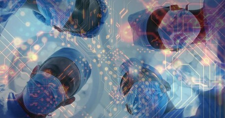 Four surgeons leaning over patient in OR, activating circuitry overlay supporting AI diagnostics - Powered by Adobe