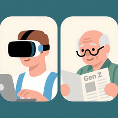 Generation Gap Concept Illustration: Gen Z and baby boomers