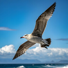 Obraz premium Title: Seagull Soaring Over Ocean Waves with Distant Mountain Horizon, Dynamic Coastal Wildlife Scene