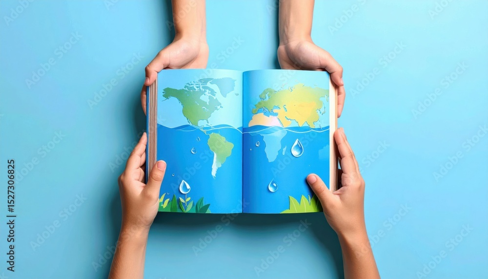 Poster a vibrant image of hands holding an open book displaying a colorful world map with water droplets, s