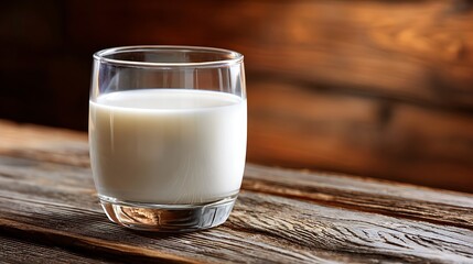 A glass of milk placed on a rustic wooden surface