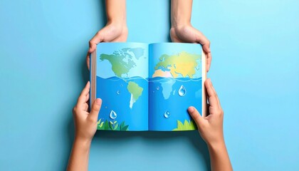A vibrant image of hands holding an open book displaying a colorful world map with water droplets, symbolizing environmental awareness and education.