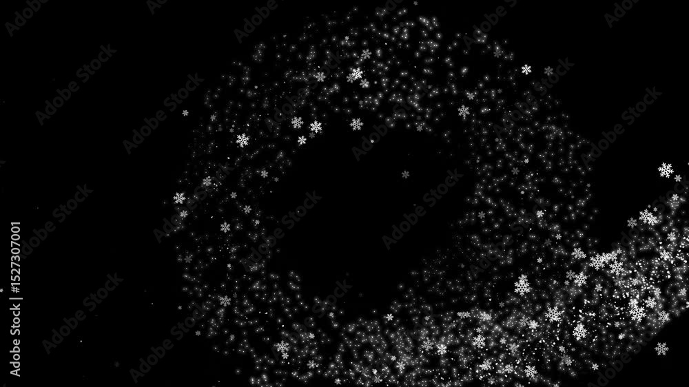Poster spiral flying snowflake shining glow movement on dark background particle rendering