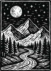 black and white woodcut style landscape with mountains river trees moon and stars at night