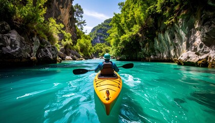 Kayaker Paddling on a Turquoise River Through a Lush Canyon