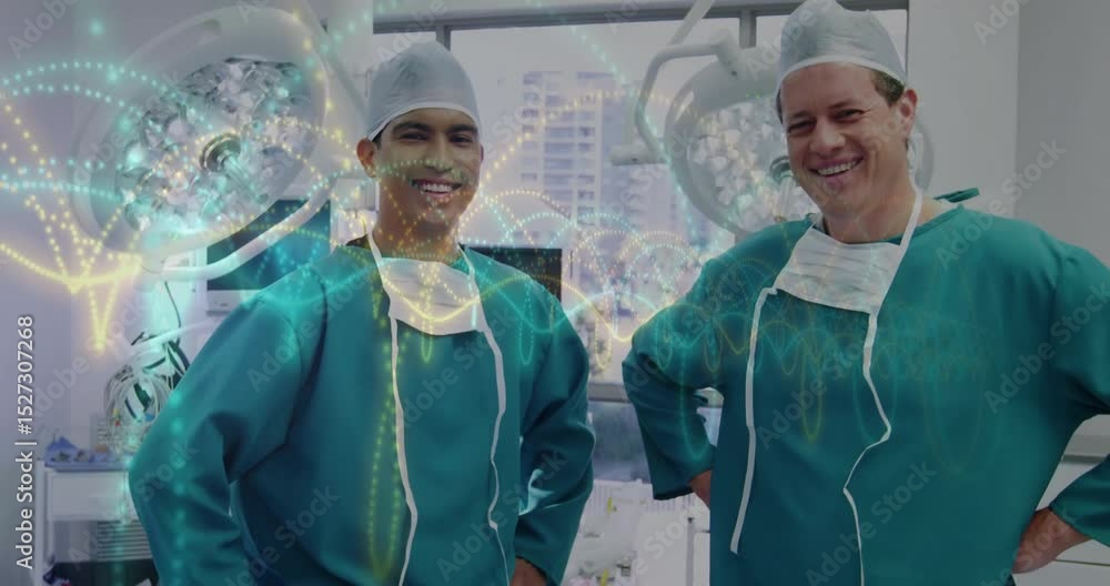Poster digital waveforms animating surgeons entering or while dna holograms swirling for surgical planning