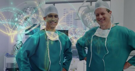 Digital waveforms animating surgeons entering OR while DNA holograms swirling for surgical planning - Powered by Adobe