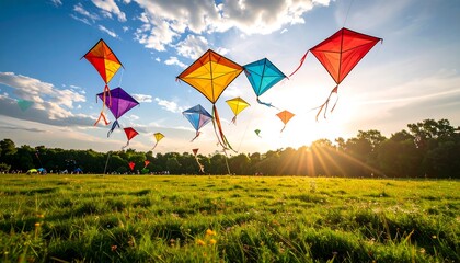 Colorful Kites Flying High in a Sunny Green Field