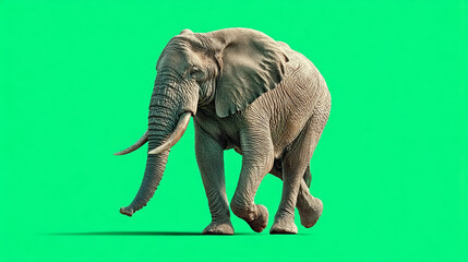 Obraz premium Realistic Full Body Shot of an Elephant Walking on a Green Background