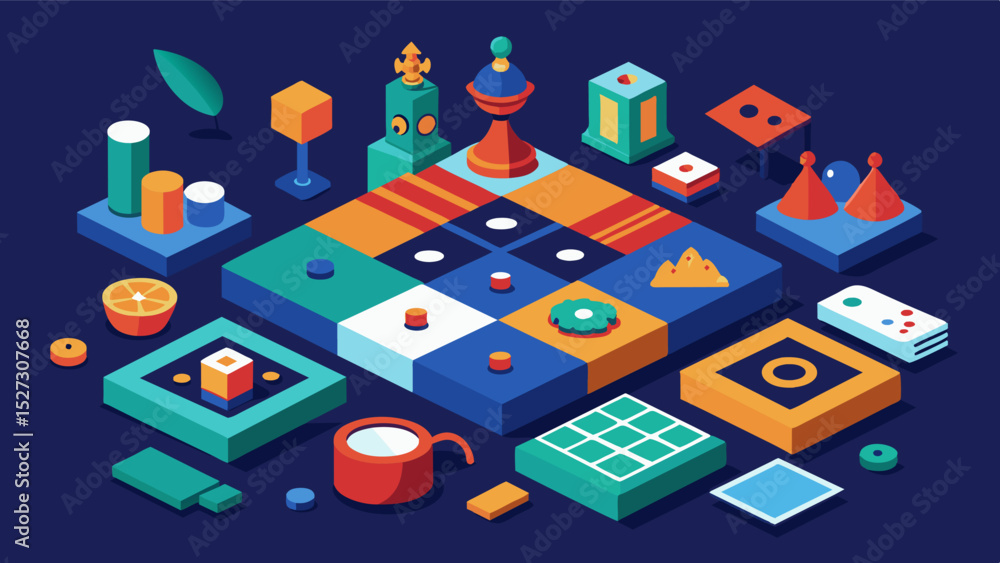 Poster an artistic depiction of different board games tered on a table representing the variety and versati