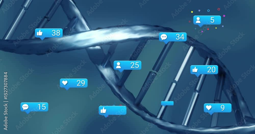 Poster at start double helix spinning while icons appearing floating updating stats to show engagement