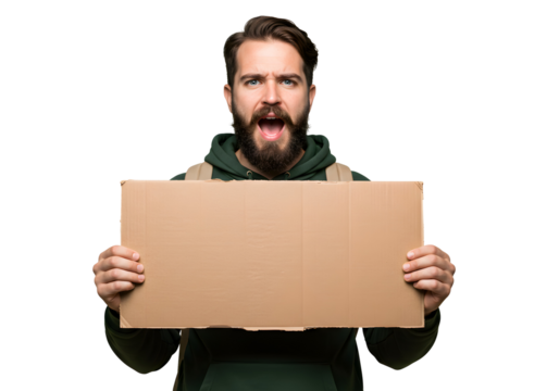 Furious Man Protesting Holding Sign Announcement Demonstration