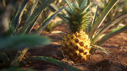 Realistic Scene of a Vibrant Pineapple Surrounded by Lush Green Leaves on a Farm