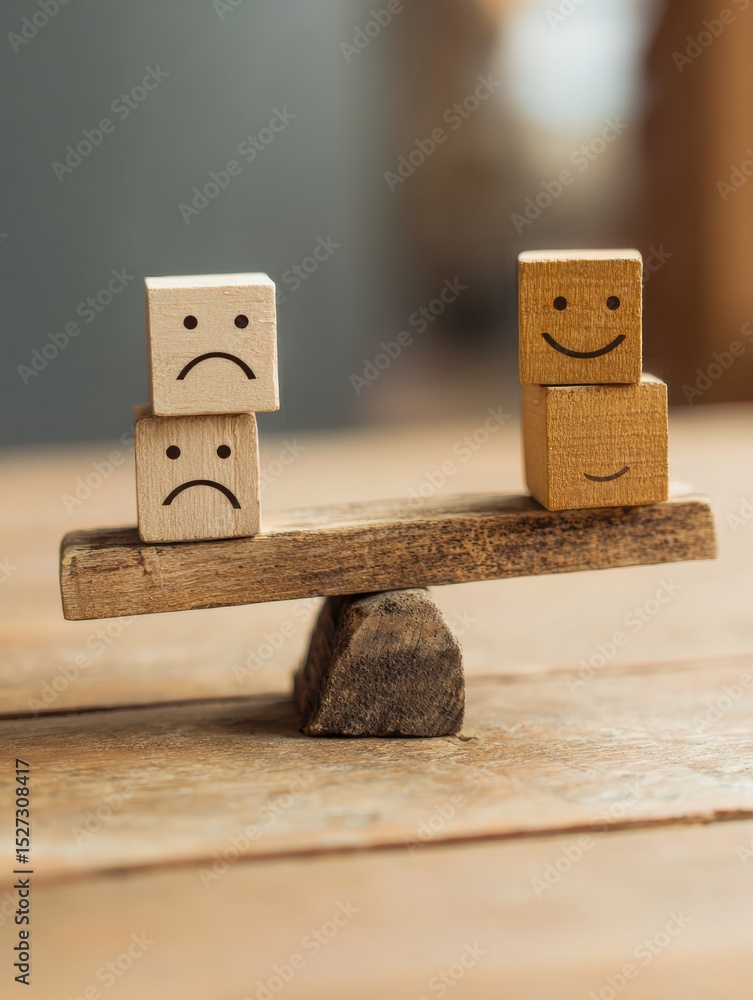 Aufkleber emotional balance scales tipped towards positivity with happy and sad blocks on wooden plank in sere