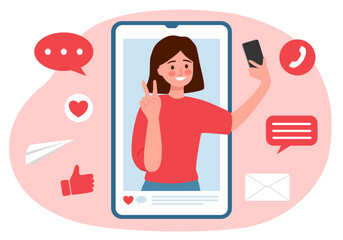 Social media post, blogging. Influencer blogger girl character. Like, share and comment promo. Selfie creative idea.